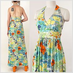 "60s Sears abstract floral halter maxi dress. Acetate-nylon knit fabric. Back zipper and button closures at the neck. In great vintage condition - please see photos.  All measurements are taken with the garment laying flat and doubled for the bust, waist, and hips.  Bust: 32\" Top of Waistband: 26\" Bottom of Waistband: 24\" Hips: 45\" Length (shoulder to hem): 55\" Label: Sears Fashions; Sears Roebuck and Co. Material: 90% Acetate 10% Nylon Size on Tag: 8 Approx. Fit: XS Some garments have been Fitted Retro Halter Dress For Summer, Retro Halter Neck Dress For Spring, Retro Lined Maxi Dress, Vintage Fitted Maxi Dress For Beach, Retro Fitted Halter Dress For Spring, Fitted Retro Halter Dress For Spring, Fitted Bohemian Halter Dress With Floral Print, 70s Inspired Fitted Summer Maxi Dress, Fitted Retro Maxi Dress Lined