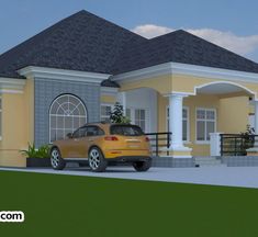 a yellow car is parked in front of a two - story house with white pillars