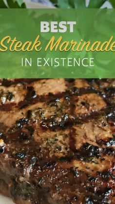 the best steak marinade in existence is shown on a plate with text overlay