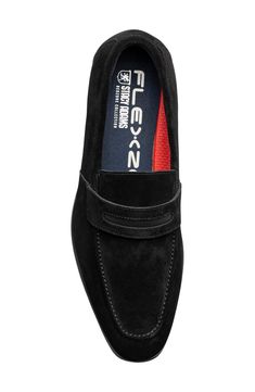 A slim penny keeper and moc toe add timeless elements to a sophisticated loafer set on a cushioned insole for comfortable wear. Removable, cushioned insole with arch support Leather upper/textile lining/rubber sole Imported Modern Formal Slip-ons With Ortholite Insole, Formal Slip-on Moccasins With Ortholite Insole, Formal Slip-on Loafers With Ortholite Insole, Business Suede Moccasins With Cushioned Footbed, Formal Moccasins With Ortholite Insole, Elegant Leather Slip-ons With Arch Support, Slip-on Loafers With Moc Toe, Classic Leather Slip-ons With Arch Support, Formal Cushioned Slip-on Loafers