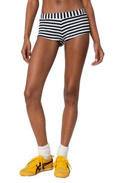 Slip into your weekend state of mind in these stripey ribbed shorts featuring a low-rise waist. Elastic waist 45% cotton, 45% polyester, 10% spandex Machine wash, dry flat Imported Striped Short Leg Summer Bottoms, Striped Short Leg Bottoms For Summer, Striped Short Length Bottoms For Loungewear, Striped Shorts With Built-in Shorts For Loungewear, Striped Short-length Loungewear Bottoms, Striped Short Length Loungewear Bottoms, Striped Cotton Pajama Shorts, Striped Lounge Shorts, Summer Bottoms With Vertical Stripes And Stretch