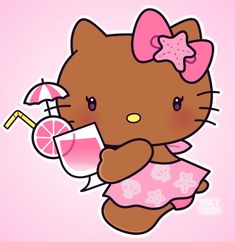 a cartoon hello kitty holding an umbrella and a drink