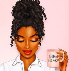 a woman holding a coffee mug with the words girl boss on it in front of her face