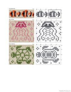 four cross stitch patterns with different designs on them