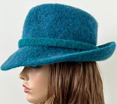 Teal Felted Wool Wide Brim Fedora Hat, Boho Fedora Hat Handmade in your size Felted Hats, Wool Cloche Hat, Felted Hat, Felt Yarn, Hat Wide Brim, Wide Brim Fedora, Felt Fedora, Dark Turquoise, Cloche Hat