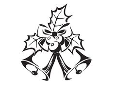 a black and white drawing of a christmas holly with bells on it's side