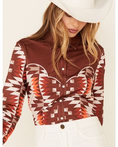 Ranch Dress'n Women's Rust Aztec Bandera Print Long Sleeve Snap Western Shirt, Rust Copper 1970 Western Fashion, Show Shirts Western, Ranch Dress, Rodeo Dress, Western Show Shirts, Horse Show Clothes, Beaded Shirt, Women's Circle, Western Front