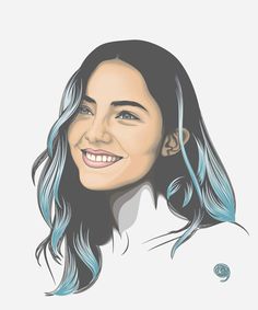 a drawing of a woman with blue hair and white shirt smiling at the camera,