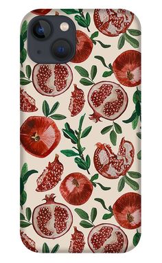 a phone case with pomegranates and leaves on it