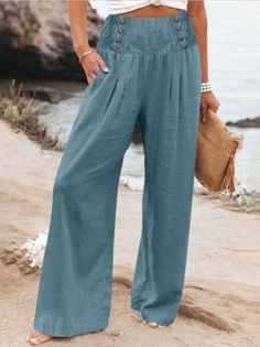 Buy Inexpensive Pants at Zolucky online store, SPU: 2941NPA4R2B7F, Color: Deep Gray Black White Apricot Purple Army Green Lake Blue Light Brown, Style:Casual, Elasticity:No Elasticity. Side Button Pants, High Waisted Palazzo Pants, Linen Wide Leg Pants, Button Pants, Long Trousers, Wide Leg Linen Pants, Straight Trousers, Type Of Pants, Summer Cotton