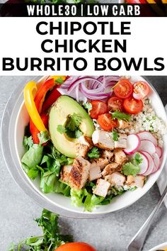 a white bowl filled with chicken and veggies on top of a gray table