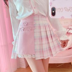 Sakura Skirt, Kawaii Skirt, Korean Skirt, Patchwork Skirt, Flower Skirt, Plaid Mini Skirt, Kawaii Clothes, Cute Skirts, Pink Plaid