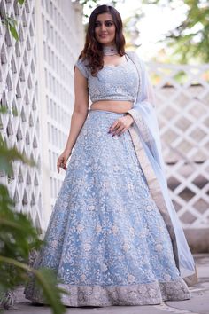 Buy Powder Blue Stone Embroidered Net Bridesmaid Lehenga Online Light Party Wear Lehenga, Powder Blue Lehenga Bridal, Powder Blue Lehenga, Powder Blue Gown, Marriage Outfit, Lehenga Online Shopping, Lehenga For Girls, Net Dresses, Indian Fits