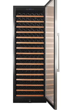 a wine cooler with many bottles in it