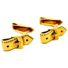 A pair of Vintage Hermès 18 karat yellow gold cufflinks, circa 1950. Each T bar cufflink is designed as a realistically modelled buckled belt, with a T-bar fitting. Strong, timeless and versatile these silver cufflinks are a smart and wearable example of the House of Hermes, perfect for every day wear and beyond. Signed 'HERMES, PARIS' and numbered 54365, with Assay marks for France Dimensions: 30 x 10mm The cufflinks are not accompanied by the original papers, however they are accompanied by a complimentary valuation for insurance and authenticity. Overall the condition of the cufflinks is very good with some slight abrasions to the surface of the gold, in keeping with their general age. Slim Aarons, Gold Cufflinks, Vintage Hermes, Hermes Paris, Retro Men, Silver Cufflinks, Cufflinks, Vintage Jewelry, Insurance