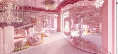 a pink room with chandeliers and mirrors on the walls, in front of a window