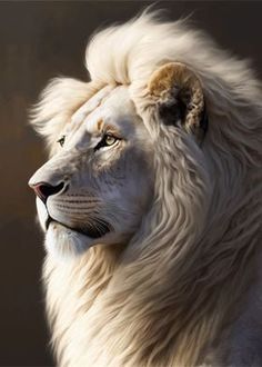 a white lion with long manes looking off into the distance in front of a dark background