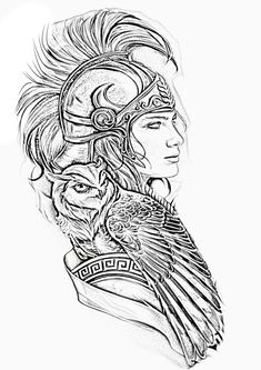 a black and white drawing of a woman with feathers on her head