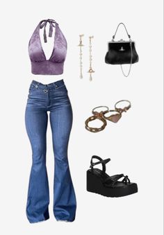 Aventura Concert Outfit Ideas, Megan Stallion, Flare Jean Outfit, Halter Tops Outfit, Looks Hip Hop, Flare Jeans Outfit, Leni Klum, Latina Fashion Outfits