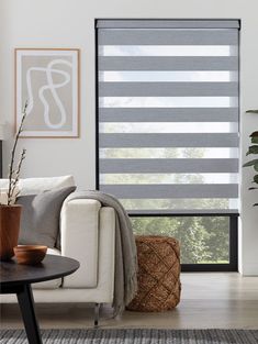 a living room with grey and white striped blinds