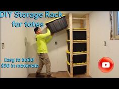 a man is placing storage racks in the wall with text overlay that reads diy storage rack for toilets easy to build $ 50 in materials