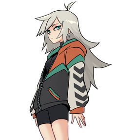 an anime character with white hair and grey hair wearing black shorts, orange shirt and red shoes