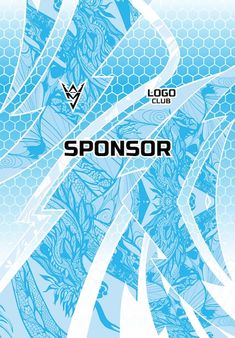 a blue and white poster with the words sponsor on it's side, in front of an abstract background