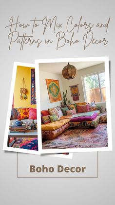 an advertisement for boho decor with pictures of couches, rugs and pillows