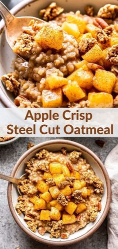 an apple crisp steel cut oatmeal in a bowl