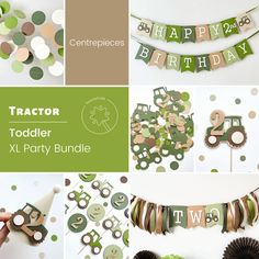 a collage of photos with green and brown decorations, including a tractor birthday banner