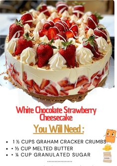 an advertisement for a cheesecake with strawberries on top and whipped cream in the middle