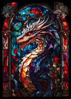 a stained glass window with a dragon on it