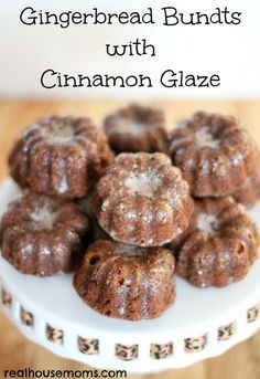 chocolate gingerbread bundts with cinnamon glaze on a white plate