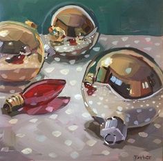 a painting of some shiny objects on a table