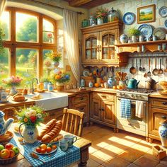 a painting of a kitchen filled with lots of furniture and dishes on top of a table