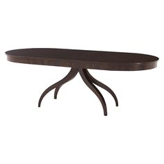 an oval dining table with two leaves on the legs and a wooden top, against a white background