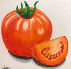 a drawing of a tomato on a white paper with a piece cut in half to show the inside