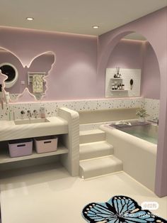 the bathroom is decorated in pastel colors and features a butterfly motif on the wall