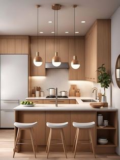 a kitchen with wooden cabinets and white stools next to a counter top, potted plant in the center