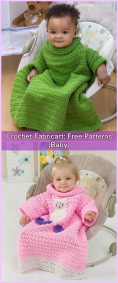 two pictures of babies in crochet clothing and one with a knitted sweater