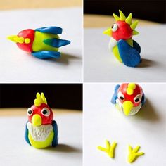 four pictures of different types of toy birds on a table, including one red bird with yellow wings and the other blue bird with green feathers