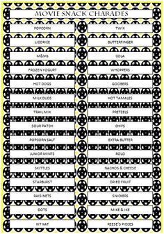 the movie snack chart is shown in black and white, with yellow trimmings