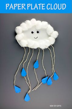 a paper plate cloud with blue drops hanging from it's sides and the words paper plate