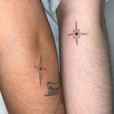 two people with matching tattoos on their legs, one has a name and the other has a star