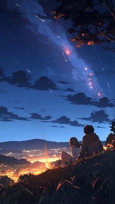 two people sitting on top of a hill looking at the stars in the night sky