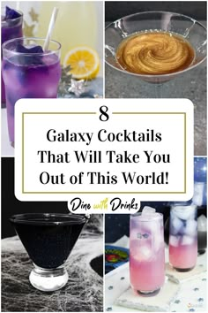 Collage of 4 galaxy cocktails. Unique Cocktail Recipes, Eclipse Party, Fruit Juice Recipes, Drink Names, Cocktail Names, Batch Cocktails, Birthday Drinks, Space Explorer, Specialty Cocktail