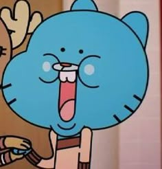 a cartoon character has his tongue out and is making a face with another character in the background