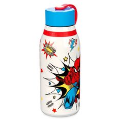 a water bottle with a spiderman design on it