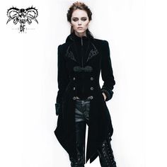 Gothic Ladies Embroidered High Collar Black Dovetail Velveteen Coat Long Velvet Coat For Fall, Gothic Formal Outerwear For Fall, Formal Gothic Outerwear For Fall, Gothic Long Sleeve Velvet Outerwear, Gothic Formal Winter Outerwear, Winter Velvet Costume Outerwear, Velvet Costume Outerwear For Fall, Winter Velvet Outerwear, Elegant Formal Outerwear For Halloween