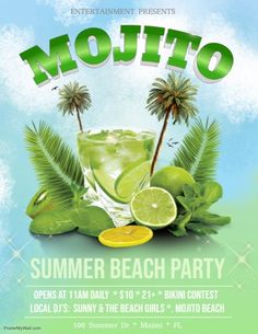 a flyer for a summer beach party with limes, lemon wedges and palm trees